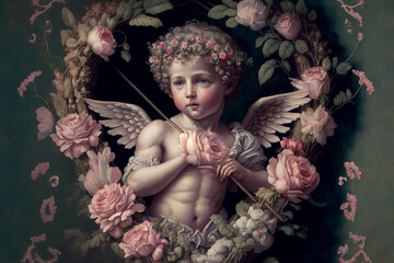 Cherubic Cupid surrounded by pink flowers - An angelic representation of Valentine's Day