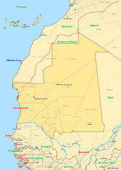 Mauritania map with cities streets rivers lakes