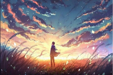 an anime man standing in a big field, wind is blowing, thinking about life, generative ai technology
