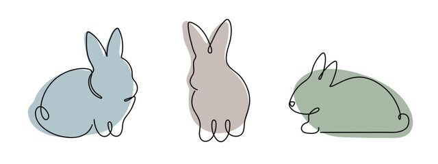 Rabbit set one line art, hand drawn bunny continuous contour. Animals, symbol of 2023 by Chinese horoscope. Simple minimalist design. Editable stroke. Isolated. Vector illustration