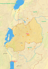 Rwanda map with cities streets rivers lakes