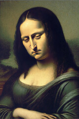 a tired exhausted mona lisa waiting to be painted, time to sleep, generative ai technology
