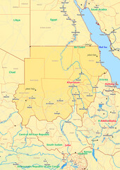 Sudan map with cities streets rivers lakes