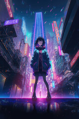 a cool anime girl standing in front of the camera, on the back a cool modern hightech city, cyberpunk illustration, generative ai technology
 - obrazy, fototapety, plakaty