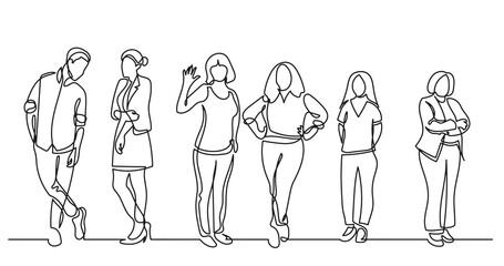 continuous line drawing of diverse group of standing people team members friends employees -  PNG image with transparent background