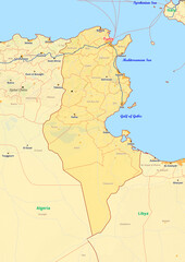 Tunisia map with cities streets rivers lakes