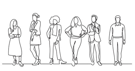 continuous line drawing of diverse group of standing people team members friends employees -  PNG image with transparent background