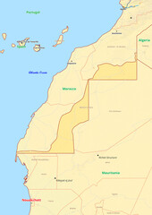 Western Sahara map with cities streets rivers lakes