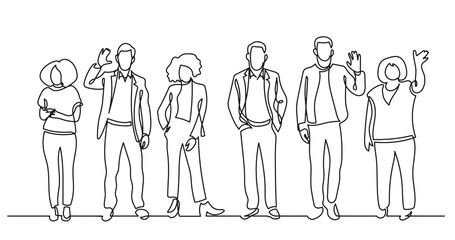 continuous line drawing of diverse group of standing people team members friends employees -  PNG image with transparent background