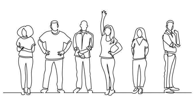 continuous line drawing of diverse group of standing people team members friends employees -  PNG image with transparent background