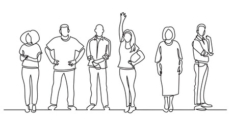 continuous line drawing of diverse group of standing people team members friends employees -  PNG image with transparent background