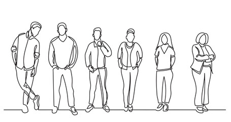 continuous line drawing of diverse group of standing people team members friends employees -  PNG image with transparent background