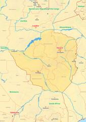 Zimbabwe map with cities streets rivers lakes