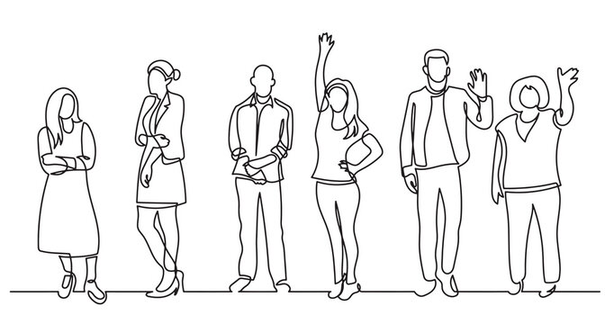 continuous line drawing of diverse group of standing people team members friends employees -  PNG image with transparent background