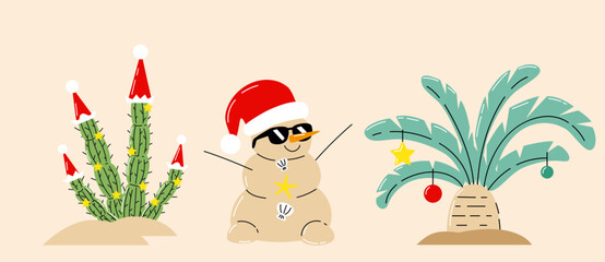 Palm trees, cactus and funny snowman made of sand on the Christmas beach. Hand drawn vector illustration. Tropical xmas background, banner.