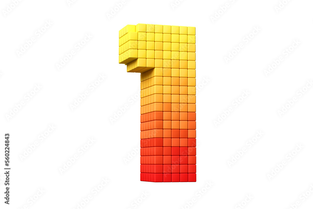 Poster pixel art font digit number 1 in yellow and orange color scheme. high quality 3d rendering.