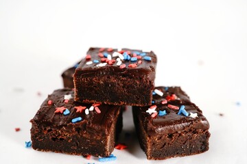 Chocolate fudge brownies with patriotic red blue white sprinkles on white background