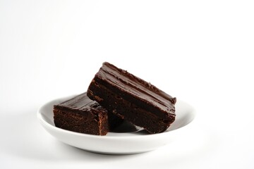 Homemade fudgy chocolate brownies isolated on white, selective focus