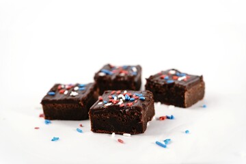 Chocolate fudge brownies with patriotic red blue white sprinkles on white background