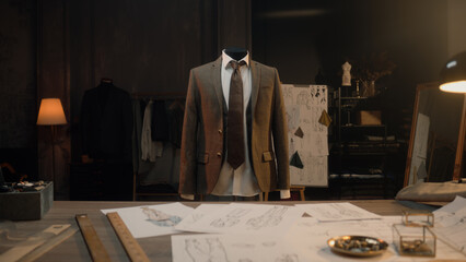 Mannequin with tailored shirt, tie and jacket in luxury designer atelier or tailoring studio. Table...