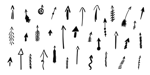 Arrows up set. Hand drawn direction indicator elements. Simple doodle pointers for interface design, cursors upwards.Isolated.Vector illustration