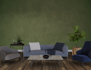 Modern living room with green wall, 3d render