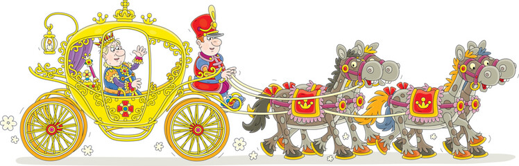 Angry king riding in his golden ceremonial carriage pulled by four funny royal horses, vector cartoon illustration isolated on a white background