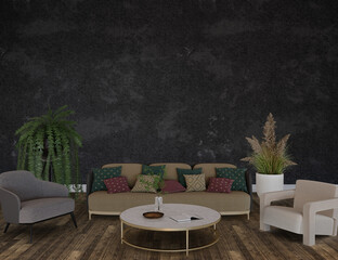 Modern living room with table and armchairs, 3d render