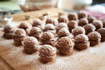 Preparation of Christmas cookies in the form of nuts