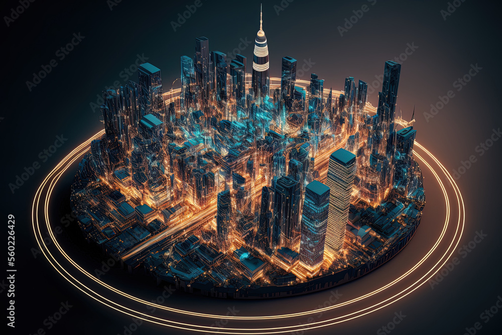 Poster digital holograms from the 5g network and the internet of things over a metropolitan backdrop. 5g ne