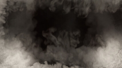 Bottom screen frame of thick grey smoke or clouds, isolated - object 3D illustration