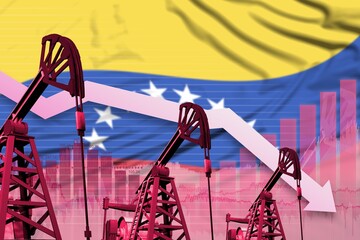 lowering down chart on Venezuela flag background - industrial illustration of Venezuela oil industry or market concept. 3D Illustration