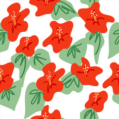Vector seamless pattern with tropical red hibiscus flowers and green leaves. Summer exotic background. Abstract organic shapes flowers.