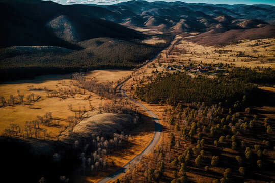 Aerial view of Dinner Plain, Dargo's Great Alpine Road. Generative AI