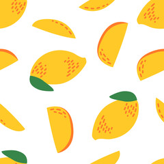 Seamless pattern with mango and slices. Tropical summer vector background with exotic fruits