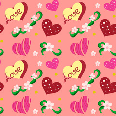 Seamless cute pattern of painted different hearts with flowers and love lettering. Design for background, wallpaper, cover, banner, texture, packaging, fabric. Colored doodles. 