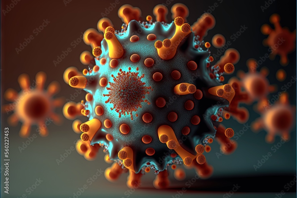 Poster a close up of a blue and orange object with orange dots on it's surface and a black background with 