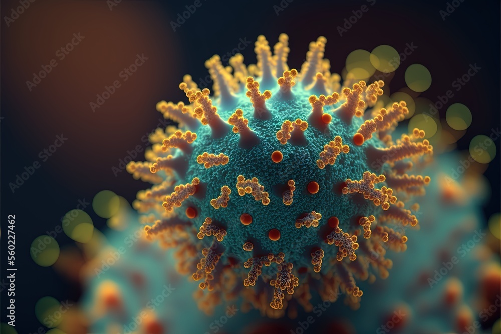 Poster a close up of a blue and yellow object with yellow dots on it's surface and a black background with 