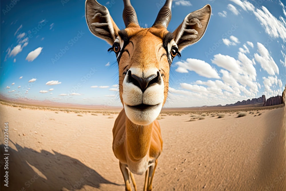 Poster a goat with a big nose and a sky background with clouds in the sky and a desert landscape with a few