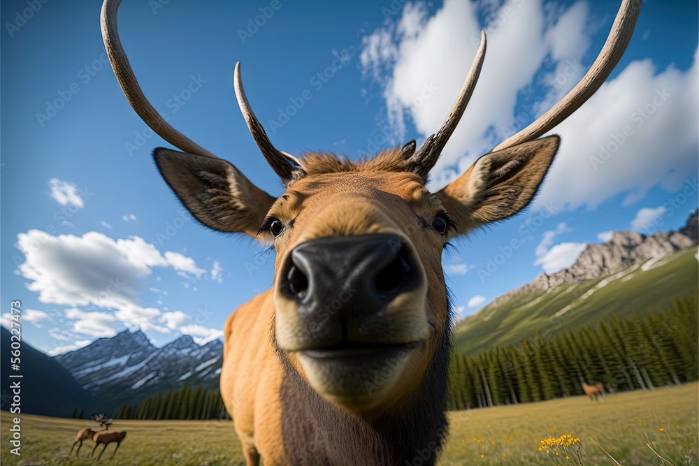 Poster a deer with large horns standing in a field with mountains in the background and a sky with clouds a