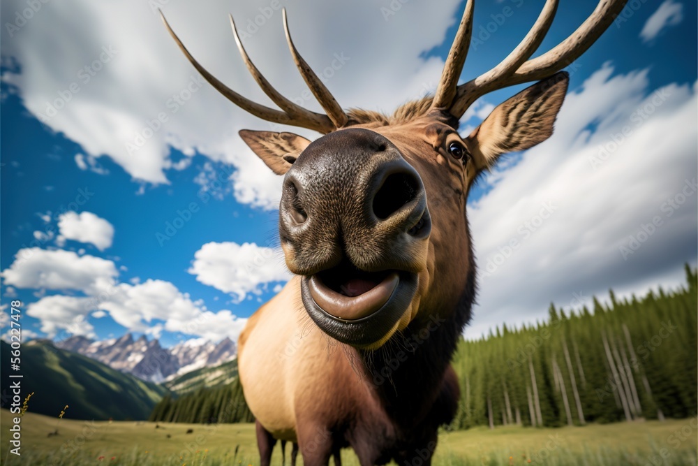 Poster a deer with a large antlers head and a sky background with clouds and trees in the background and a 