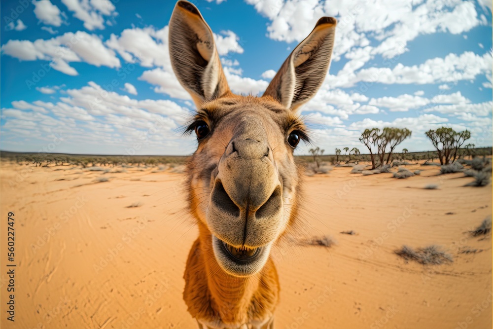 Poster a close up of a kangaroo's face in the desert with a blue sky and clouds in the background with a fe