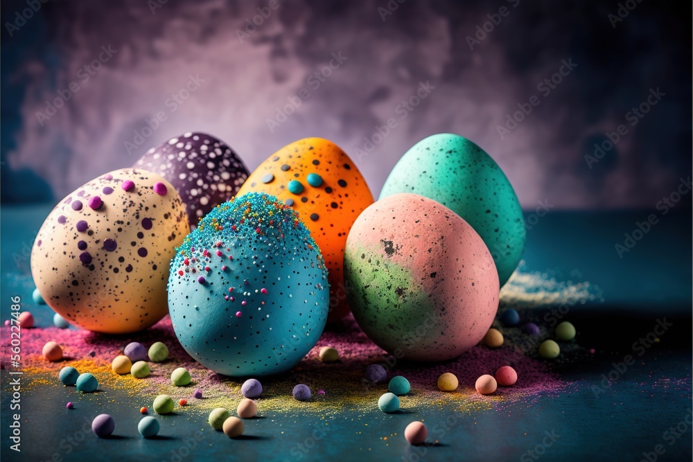 Poster a group of colorful eggs sitting on top of a table covered in sprinkles and confetti on a blue surfa
