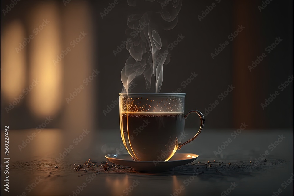 Poster a cup of coffee with steam rising from it on a saucer on a table in a dark room with a window behind