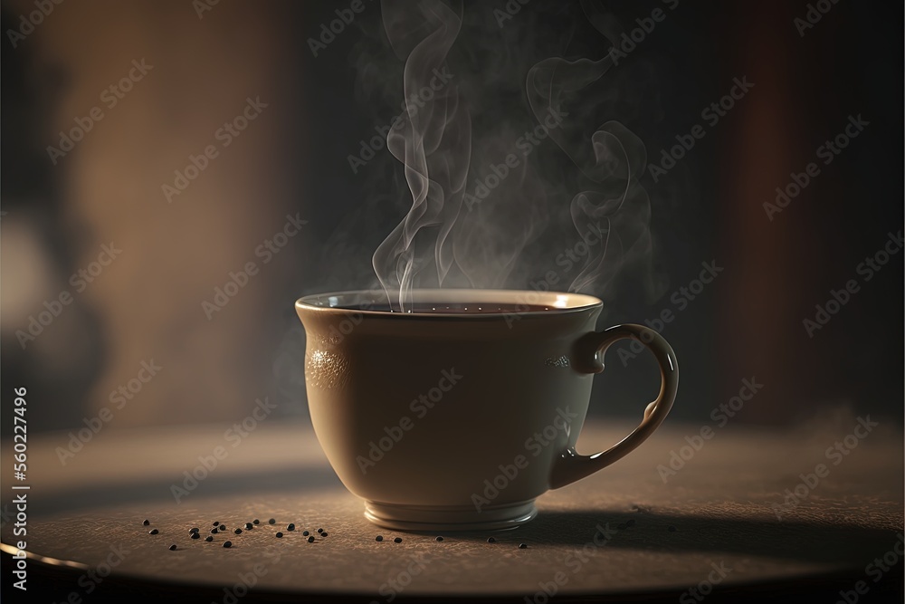 Poster a cup of coffee with steam rising from it on a table with a spoon and a spoon rest on the table next