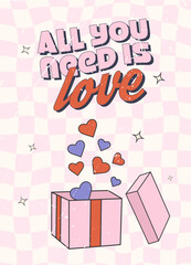 Retro groovy valentines day greeting card, banner, poster, invitation. Box full of hearts