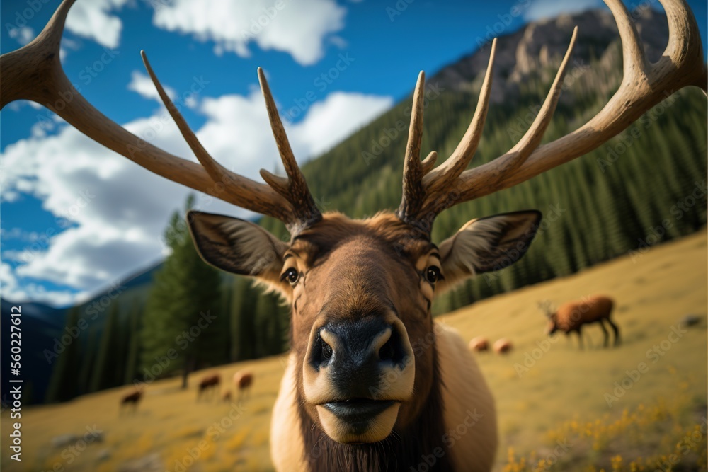 Poster a deer with large antlers standing in a field with other animals in the background and a mountain in
