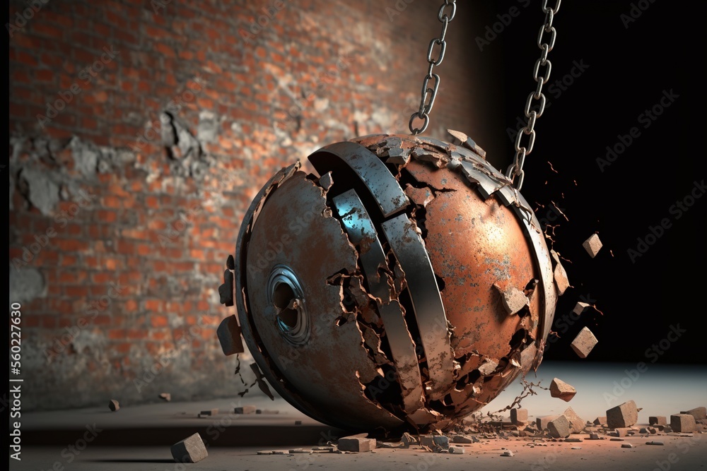 Poster a ball and chain are broken in half on a floor in front of a brick wall and a wall with a hole in it