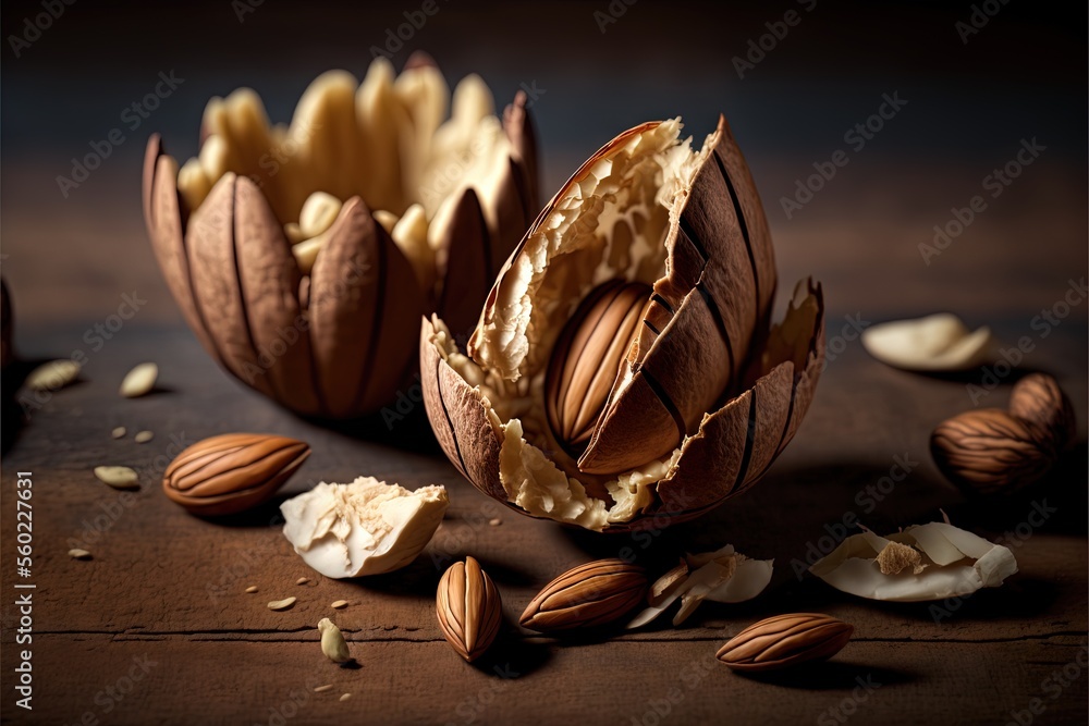Poster a peeled and peeled almonds on a table with nuts scattered around it and a peeled almond in the midd