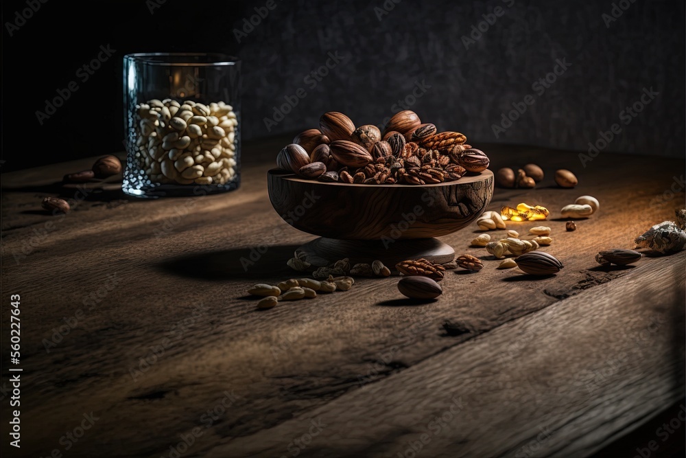 Aufkleber a bowl of nuts and a glass of water on a table with a dark background and a wooden table top with a 